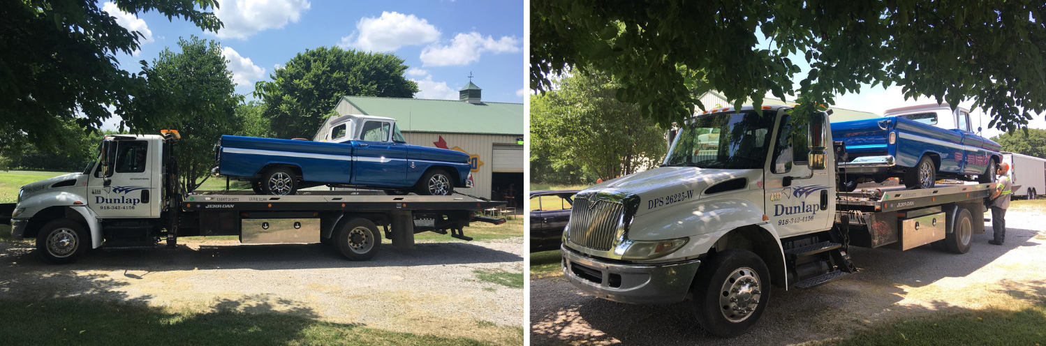 Flatbed towing a vintage car